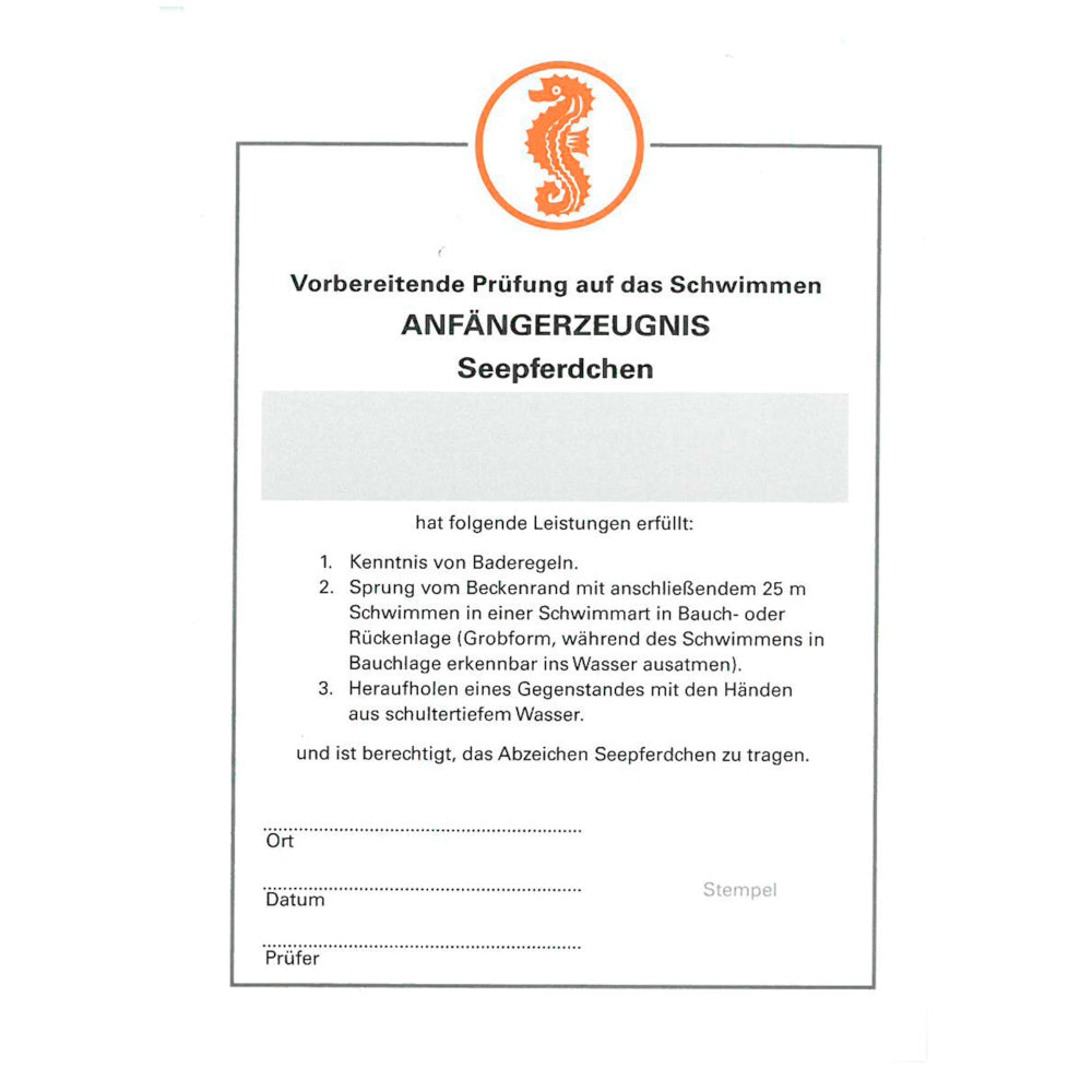 Seepferdchen Zeugnis für Frühschwimmer