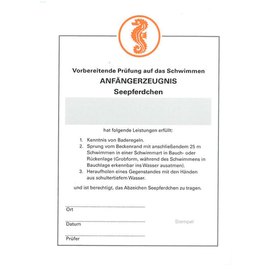Seepferdchen Zeugnis für Frühschwimmer