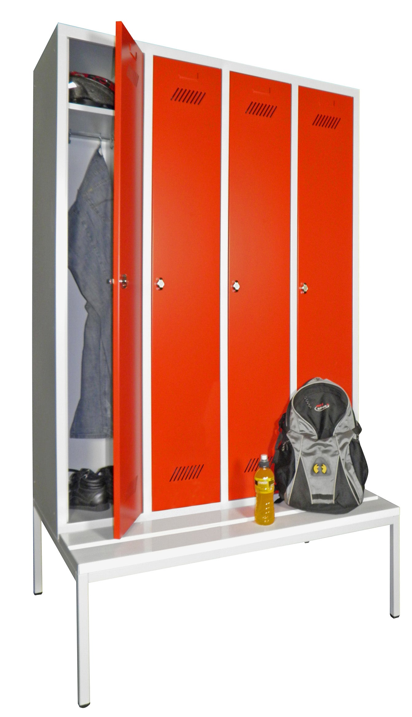 Garderobenschrank-4Abteile-Sitzbank-offen